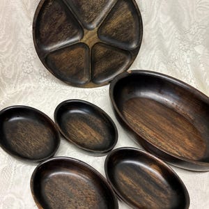 Vintage Teak Wood Salad Bowl Set 6 Piece Group One 12.5 Bowl Four 6.5&quot; Tray 60&#39;s