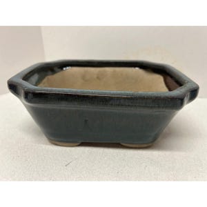 May include: A dark teal ceramic bonsai pot with a rectangular shape and rounded corners. The pot has a glossy finish and a light brown interior. The pot has small feet on the bottom.