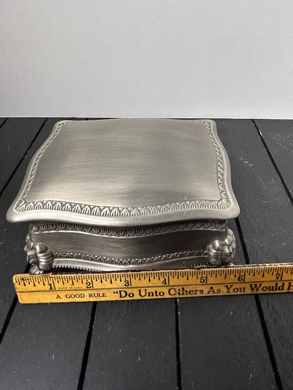 Vintage Silver tone Brushed Pewter Box, Lion Head… - image 9