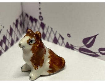 Miniature Ceramic Collie Dog Figurine Brown White Glazed Porcelain Tiny