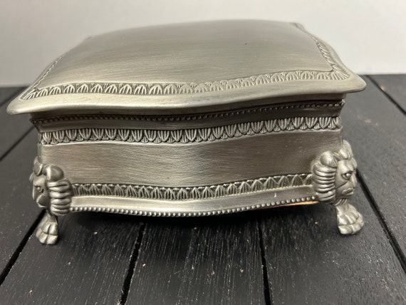 Vintage Silver tone Brushed Pewter Box, Lion Head… - image 1