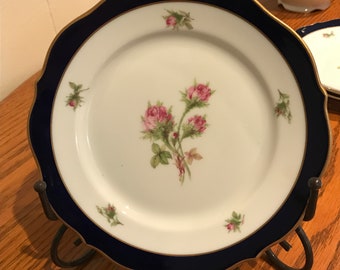Rare Vintage Lindner Handarbeit W. Germany Two Salad Plates 7 1/2&quot;  Moosrose Baronesse Echt Cobalt 22K Gold Trim Kueps Bavaria Porcelain