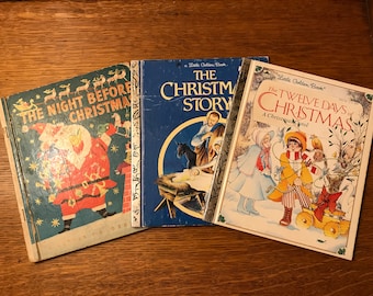 May include: Three vintage Little Golden Books about Christmas. The books are titled "The Night Before Christmas", "The Christmas Story", and "The Twelve Days of Christmas: A Christmas Carol".