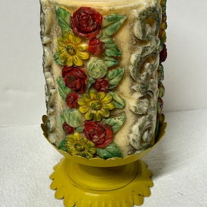 Vintage Sculpted Carved Candle with Metal Stand, Mid Century, Colorful Floral Design, RARE