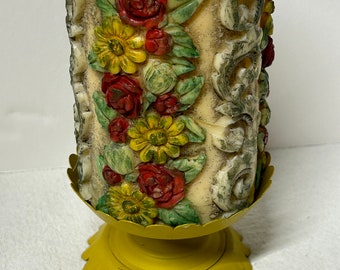 Vintage Sculpted Carved Candle with Metal Stand, Mid Century, Colorful Floral Design, RARE