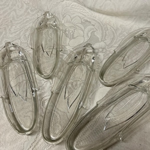 May include: A collection of five clear glass corn-shaped serving dishes. Each dish features detailed leaf and kernel patterns, with a slightly curved design. The dishes are arranged on a white, textured surface.
