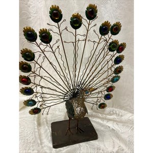 Vintage Peacock Wire Metal Multicolor Stones On Feathers, Base Mid-Century Look