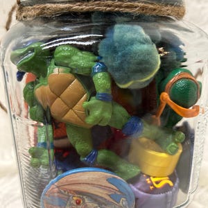 Vintage Toys, Junk Drawer Lot, Assemblage, Junk Journal, Ephemera, Mementos, Toys, Tea sets, Animals , Ninja Turtles, GEEK TOYS Misc, In Jar