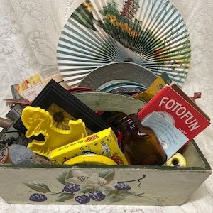 Vintage Junk Drawer Lot, In Cute Wooden Silverware Tray , Assemblage, Junk Journal, Ephemera, Mementos, Toys, Paper. Lots of Miscellaneous