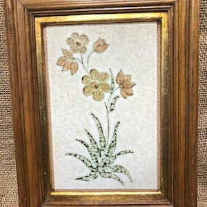 Framed Tile with Floral Design, Great Vintage Wooden Frame, Hand Made in Italy