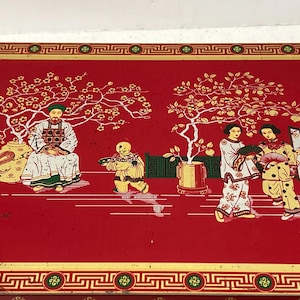 Vintage Asian Design Covered Tin Stationary Tin, Cookie Tin, Gorgeous Geisha Girls and Trees, Made in England, Kitchen Collectible