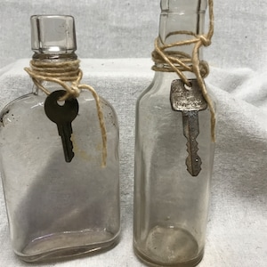 Vintage Antique, Whiskey or Soda Bottles with Vintage Key, Wedding Decor, Farmhouse Dump Bottle, Cottage Chic Bottles