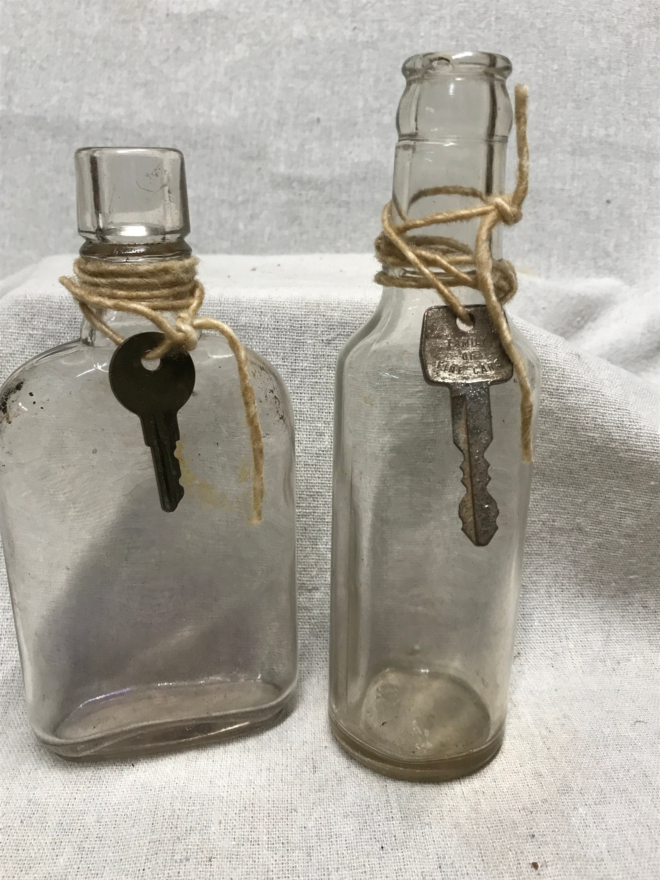 Vintage Antique, Whiskey or Soda Bottles with Vintage Key, Wedding Decor, Farmhouse Dump Bottle, Cottage Chic Bottles