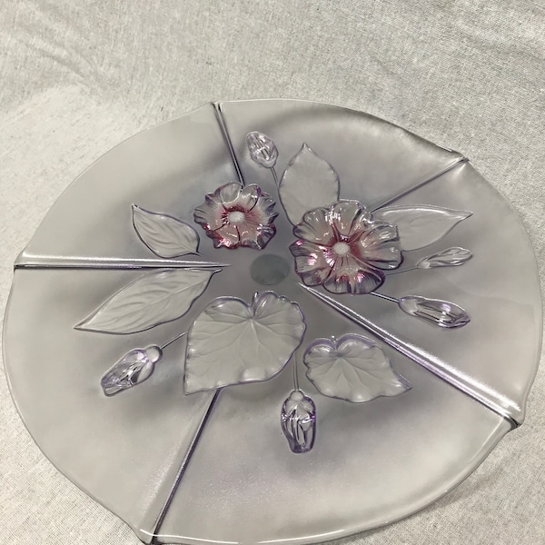 Cake Stand, MURANO Vintage Glass, Floral Raised Design Flowers, Frosted Glass, Footed Cake Stand, Display Plate