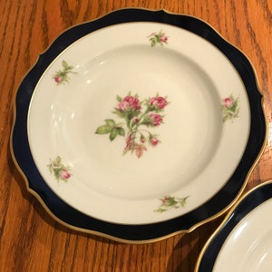 Rare Vintage Lindner Kueps Bavaria Two Shallow Soup Bowls Moss Rose 1150 Marie Luise Moosrose Baronesse Echt Cobalt 22K Gold Trim Porcelain