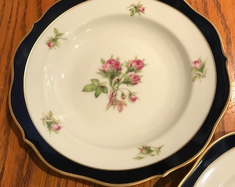 Rare Vintage Lindner Kueps Bavaria Two Shallow Soup Bowls Moss Rose 1150 Marie Luise Moosrose Baronesse Echt Cobalt 22K Gold Trim Porcelain