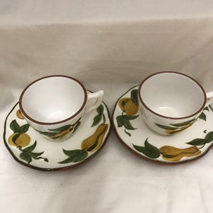 Vintage Stangl Pottery, Sculpted Fruit, Yellow Pears and Grapes, Two Cup and Saucer Sets, Made in the USA 1966-1978