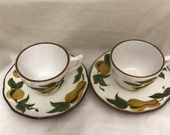 Vintage Stangl Pottery, Sculpted Fruit, Yellow Pears and Grapes, Two Cup and Saucer Sets, Made in the USA 1966-1978