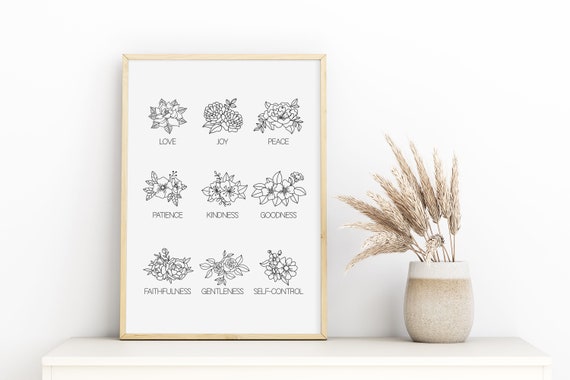 Digital Download: Floral Fruit of the Spirit Print, Love, Joy, Peace, Patience, Kindness, Goodness, Faithfulness, Gentleness, Self-Control
