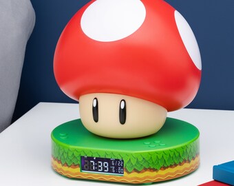 Sveglia digitale Super Mushroom con suono di accensione, merchandising Nintendo con licenza ufficiale, mini lampada da tavolo 3D di Super Mario Bros.