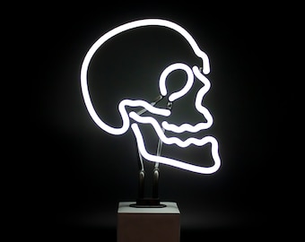 Neon Skull Sign, White Neon Light, Glass Neon Table Lamp With Concrete Base