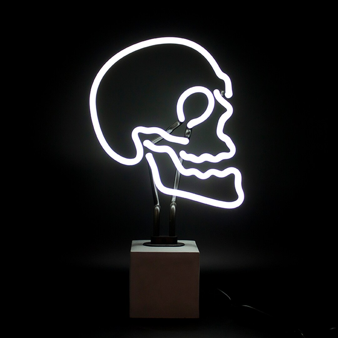 Neon Skull Sign, White Neon Light, Glass Neon Table Lamp With Concrete