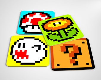 Super Mario bros coasters, Set of 4 Wooden / Cork Mario bros fans, Home Decor accessories, Geek Nerd Gift, 90s Gaming