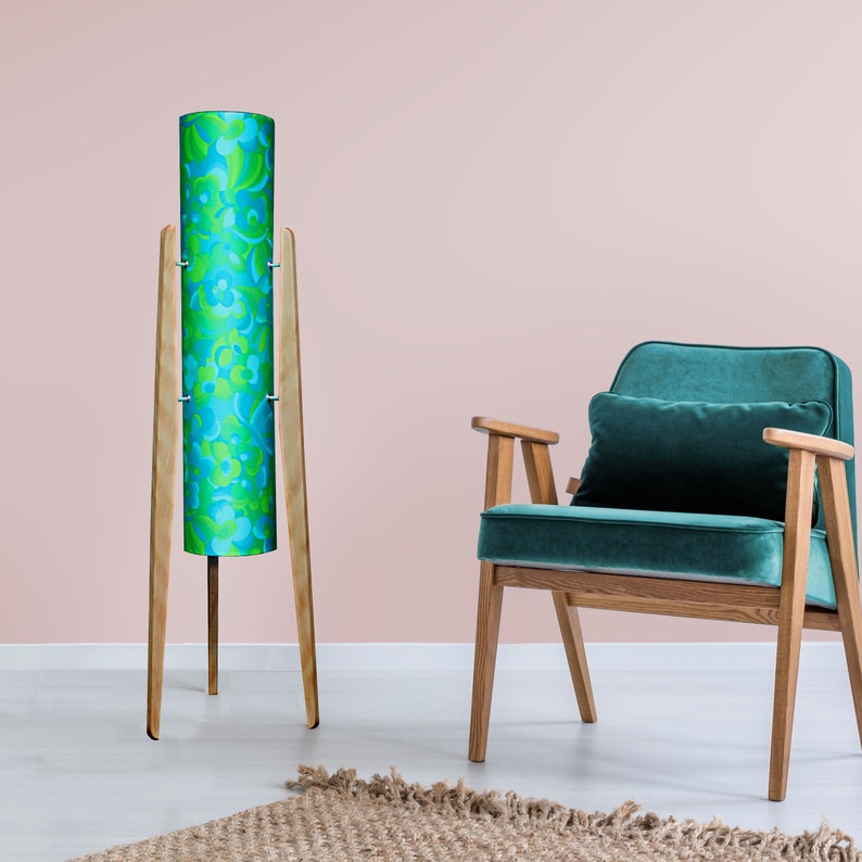 Handcrafted Rocket Lamp with Vintage Patterned Silk Shade on Reclaimed Hardwood Legs