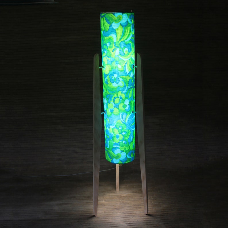 Handcrafted Rocket Lamp with Vintage Patterned Silk Shade on Reclaimed Hardwood Legs