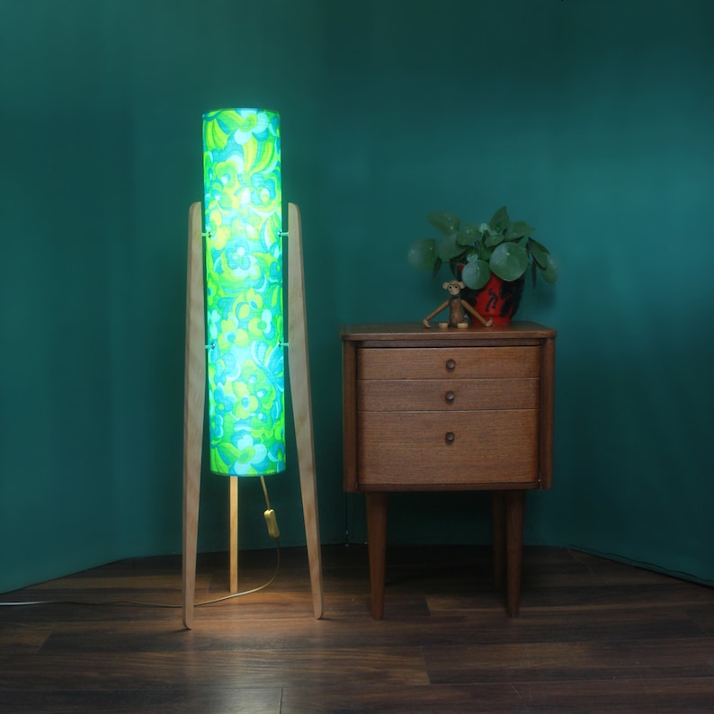 Handcrafted Rocket Lamp with Vintage Patterned Silk Shade on Reclaimed Hardwood Legs