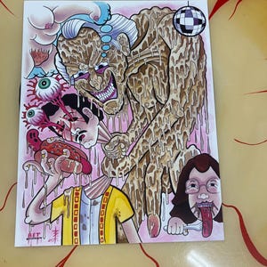 May include: A colorful illustration featuring grotesque figures and surreal elements. The artwork includes a melting, monstrous figure, a disco ball, and various body parts. The style is reminiscent of tattoo art, with bold lines and vibrant colors.