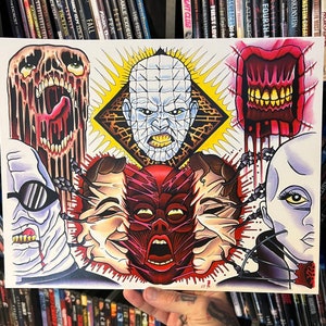 May include: A colorful illustration of horror movie characters. The image features a melting, dripping face, a grid-like face, a red face with teeth, and a pale face with large eyes. The image is drawn in a cartoon style with bold lines and bright colors.