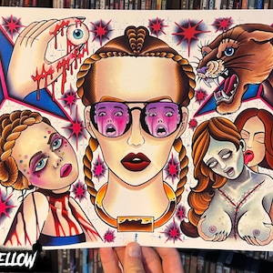 May include: A colorful illustration with a woman's face in the center, wearing sunglasses and a gold choker. The woman's face is surrounded by other images, including a hand holding a bloody eyeball, a zombie woman, a panther, and a woman with a bloody neck. The background is filled with pink and red stars.