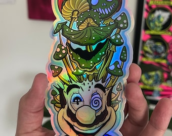 Super Cappy Trippy Mushroom large holographic video game sticker