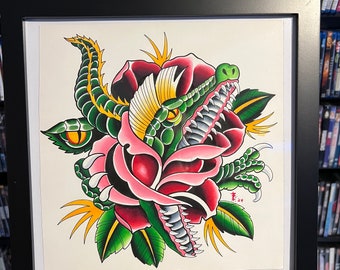 Alligator Rose Tattoo Flash Original-Gemälde