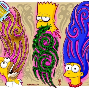 May include: A digital illustration of three Simpsons characters with their hair styled as abstract swirls. The characters are Bart, Homer, and Marge. Bart is vomiting green goo, Homer is eating a donut, and Marge's hair is blue with pink highlights. The background is a light brown with a tribal pattern.