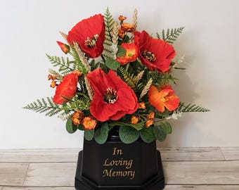 Artificial Remembrance Poppy grave pot - Handmade one of a kind memorial cemetery flower arrangement