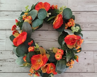 Handmade Orange Poppy & Eucalyptus Grave Wreath – One of a kind Artificial Funeral or Memorial Arrangement