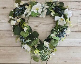 Artificial grave heart wreath - White, green & blue sympathy grave decoration - Handmade one of a kind memorial heart flower arrangement