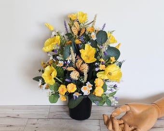 Artificial Yellow & White Silk Grave Flowers – One of a kind Memorial Arrangement in grave pot