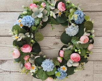 Artificial grave wreath - Pink and blue sympathy grave decoration - Handmade one of a kind memorial wreath flower arrangement