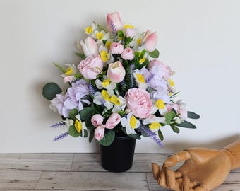 Artificial grave pot with mixed pink and yellow spring flowers - Handmade one of a kind memorial cemetery flower arrangement