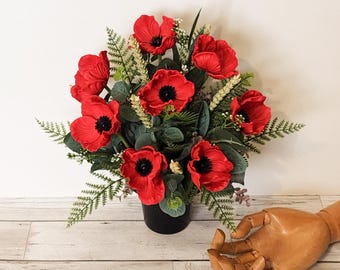 Remembrance Poppy artificial grave pot - Handmade one of a kind memorial cemetery flower arrangement
