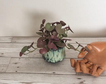 Artificial Friendship Plant, Chinese Money Plant, Low Maintenance Houseplant, Blue Glazed Pot