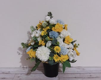 Yellow, Blue and White artifical flower Grave pot -  One of a kind Memorial Cemetery Arrangement