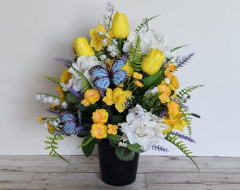 Artificial grave pot with mixed yellow, blue and white spring flowers - Handmade one of a kind memorial cemetery flower arrangement