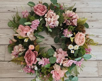 Artificial Pink Door wreath - Handmade one of a kind Door or wall wreath flower arrangement