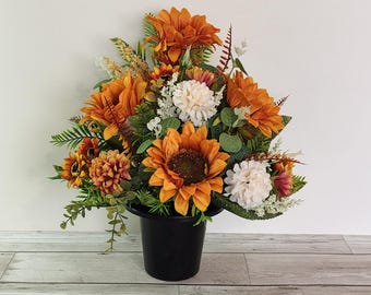 Artificial silk sunflower grave pot - Handmade one of a kind artificial memorial cemetery flower arrangement