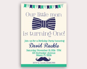 Little Man Birthday Invitation, Bow tie birthday, boy party, mustache printable invite, navy and teal, color customizable, mustache diy