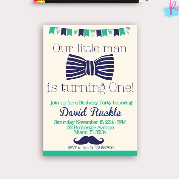 Little Man Birthday Invitation, Bow tie birthday, boy party, mustache printable invite, navy and teal, color customizable, mustache diy